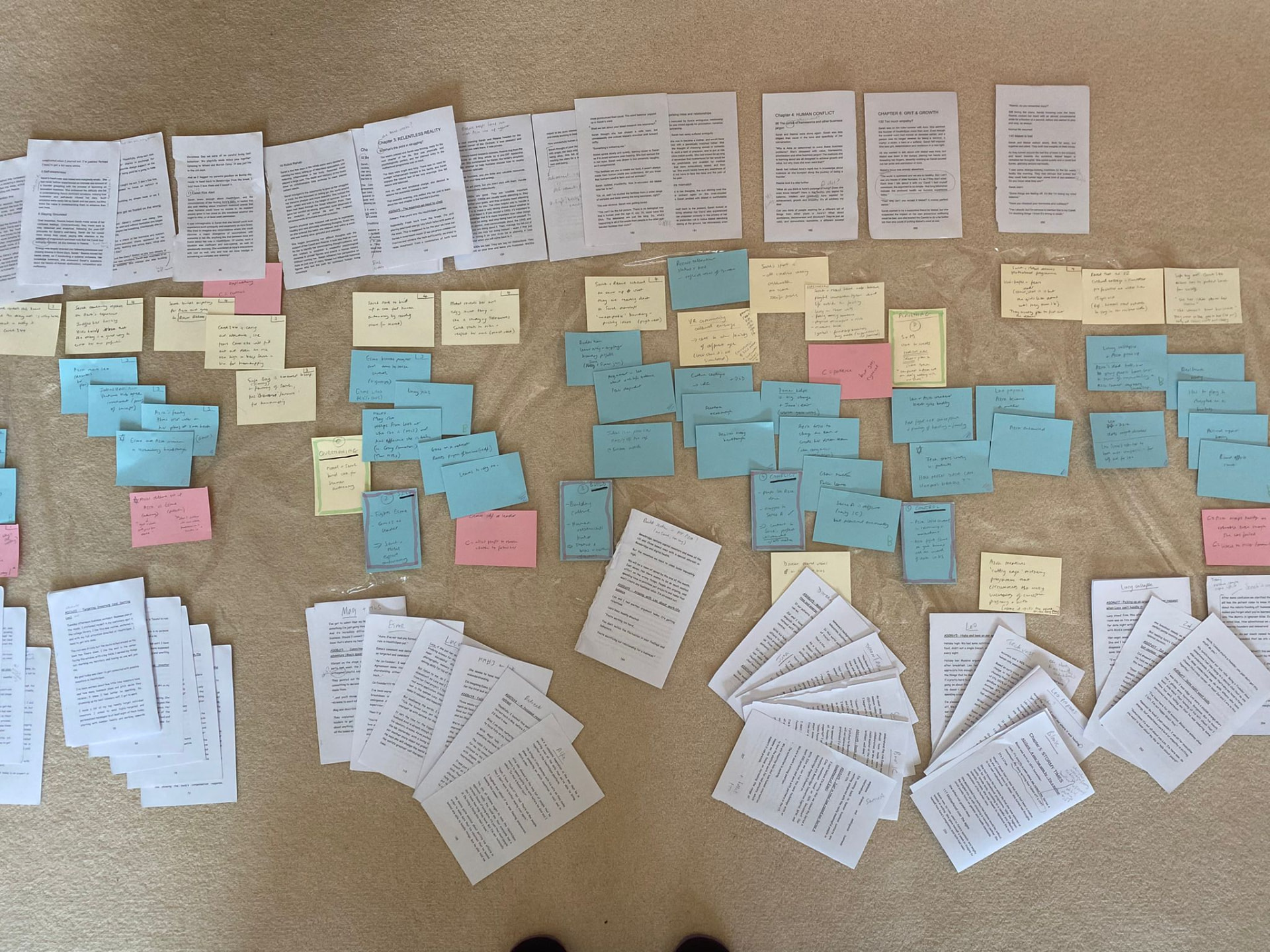 The book’s timeline laid out in manuscript pages and colourful handwritten notes